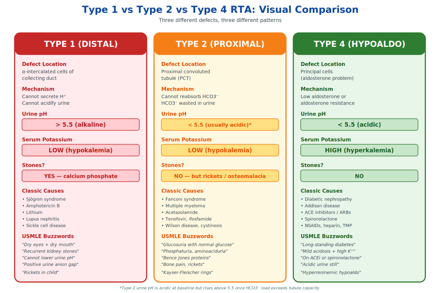 Type 4 Rta Pattern Renal Tubular Acidosis Types 1 vs 2 vs 4 for USMLE Step 1